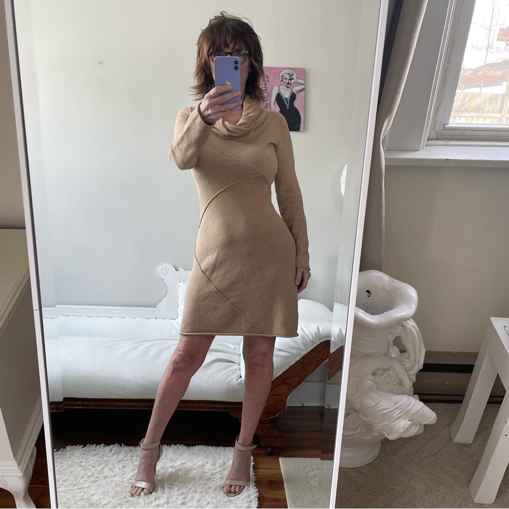 ATHLETA CAMBER CAMEL TAN LONG SLEEVE DRESS COWL NECK FURLED HEMS EXPOSED SEAMS